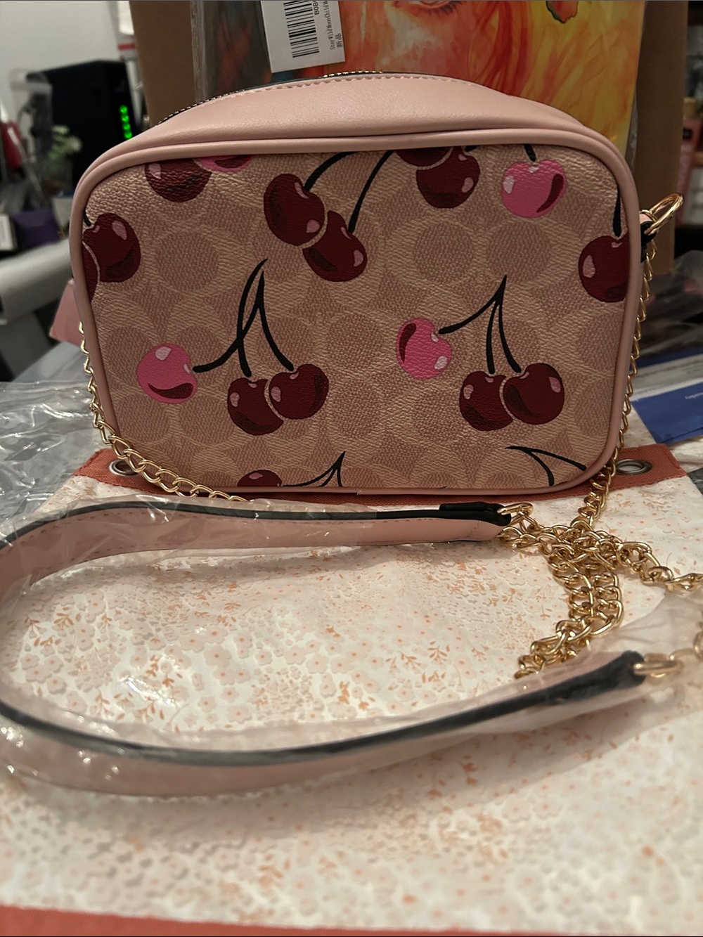 Pink Cherry Print Crossbody Bag